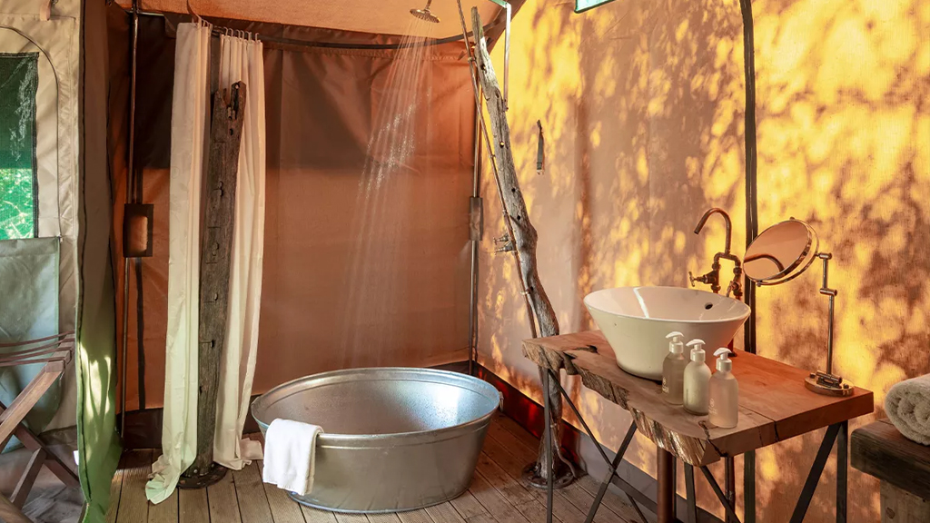 A bathroom found inside one of the Explorer Camp tents